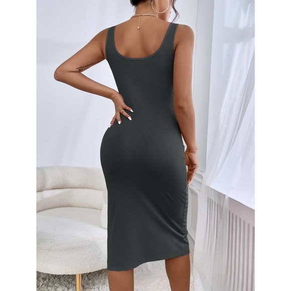 Square neck Ribbed Knit Split Thigh Tank midi Dress black - Picture 7 of 12